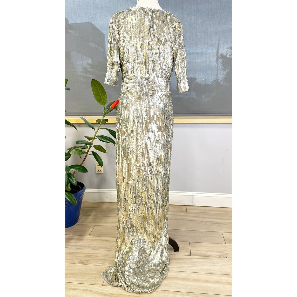Mac Duggal Platinum Gold Silver Sequined V Neck Gown Dress Size 10 4707 - Picture 6 of 10